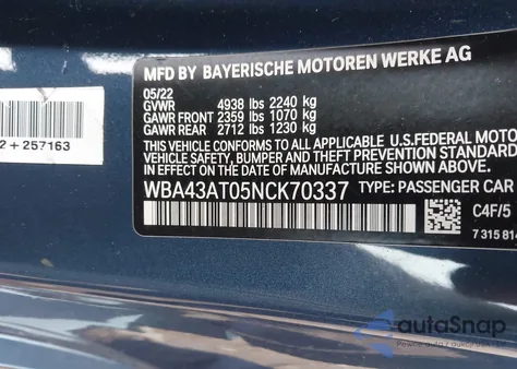 2022 BMW 430I xDrive from USA, damaged, VIN WBA43AT05NCK70337